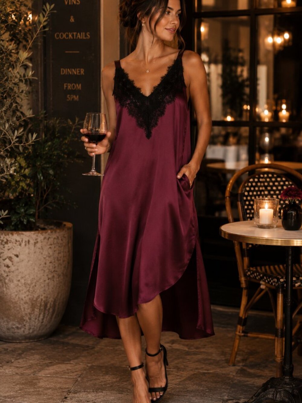 NWT Universal Standard Kara Satin Lace Slip Dress Fig Burgundy 4XS US 0